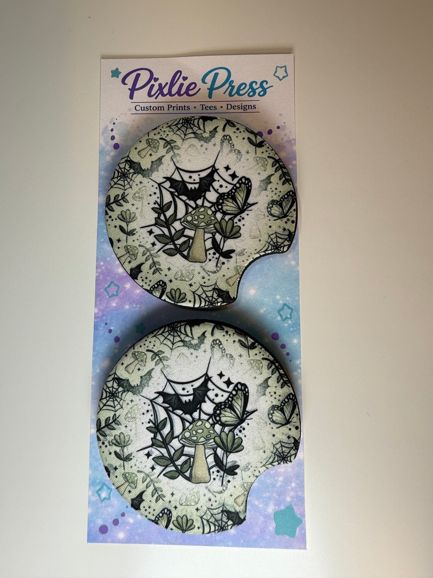 Mushrooms and Bats Car Coaster – Spooky & Whimsical Vehicle Accessory