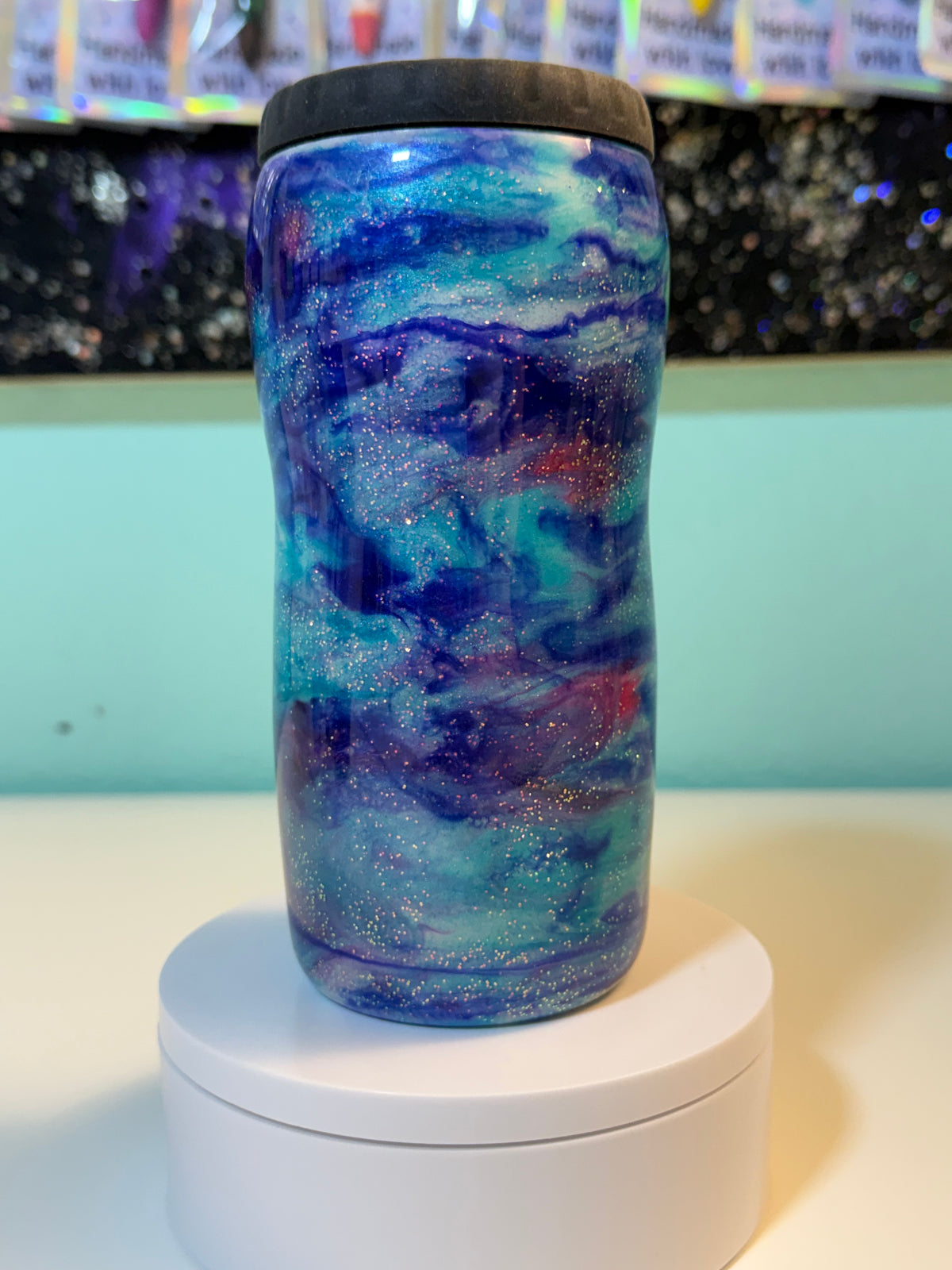 12oz Skinny Ocean Breeze: Blue & Teal Alcohol Ink Epoxy Can Cooler