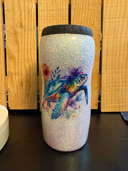 12oz Sea Turtle: Glitter & decals Epoxy Can Cooler