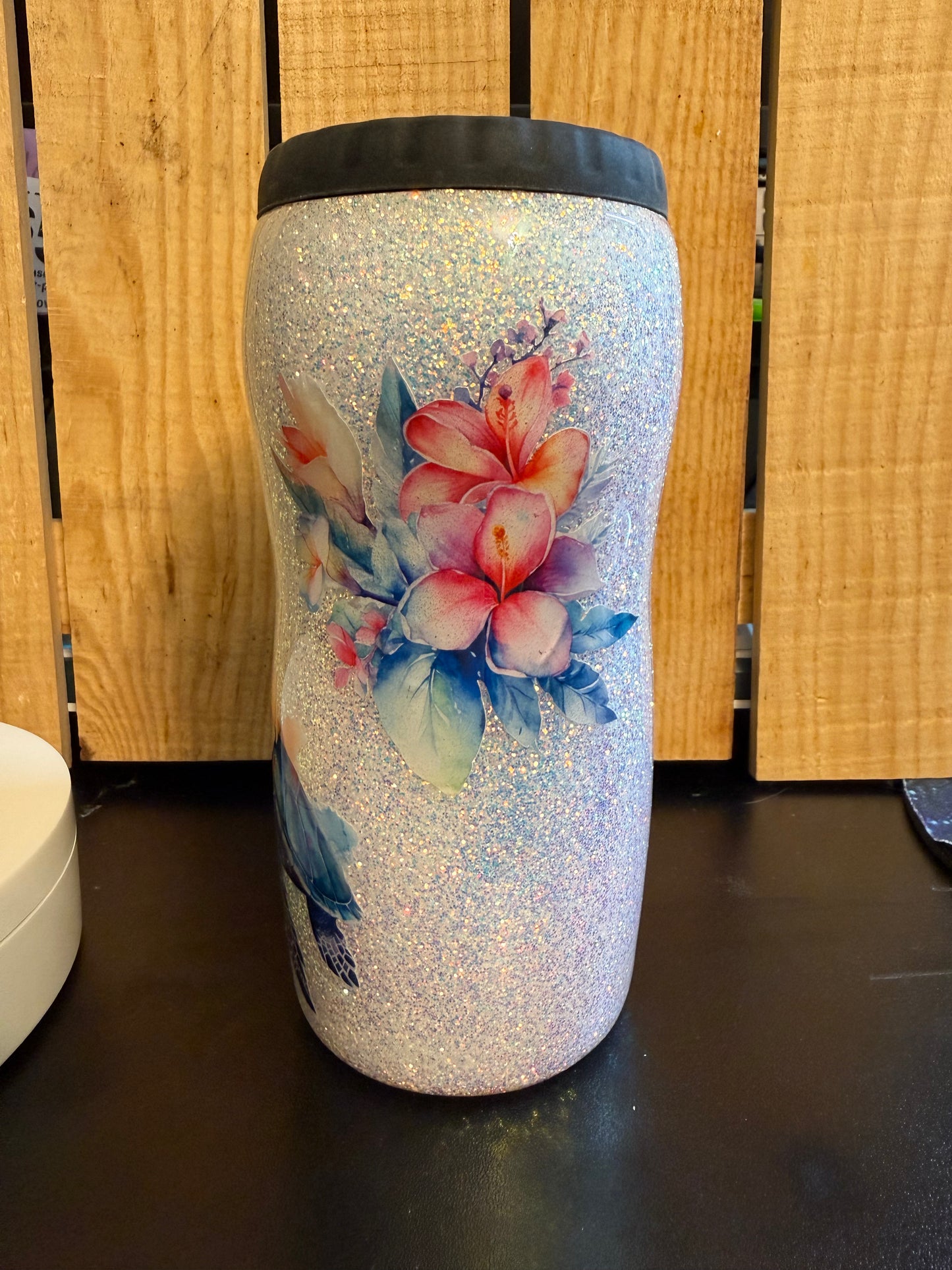 12oz Sea Turtle: Glitter & decals Epoxy Can Cooler