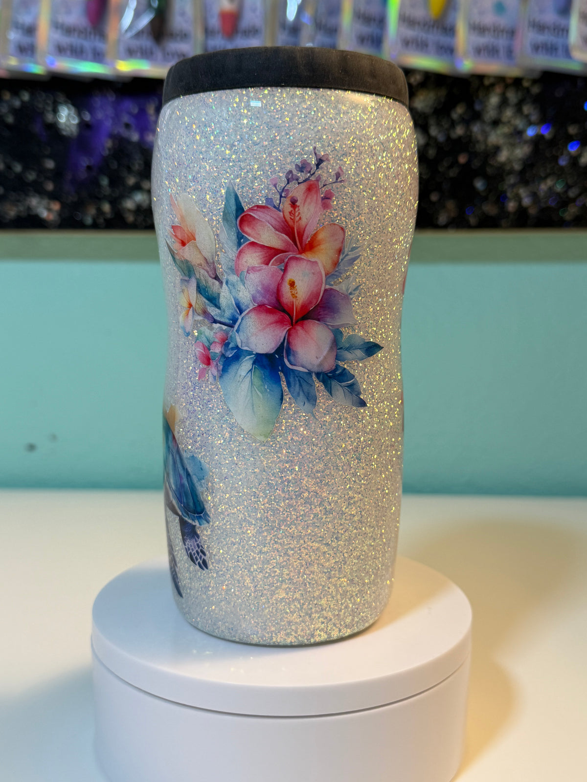 12oz Sea Turtle: Glitter & decals Epoxy Can Cooler