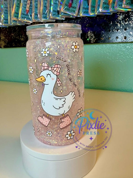Silly Goose on the Loose | 16oz Snow Globe Tumbler | UV DTF | Acrylic Glitter Cup | Straw Included | Ready to Ship