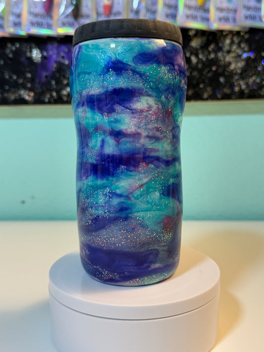 12oz Skinny Ocean Breeze: Blue & Teal Alcohol Ink Epoxy Can Cooler