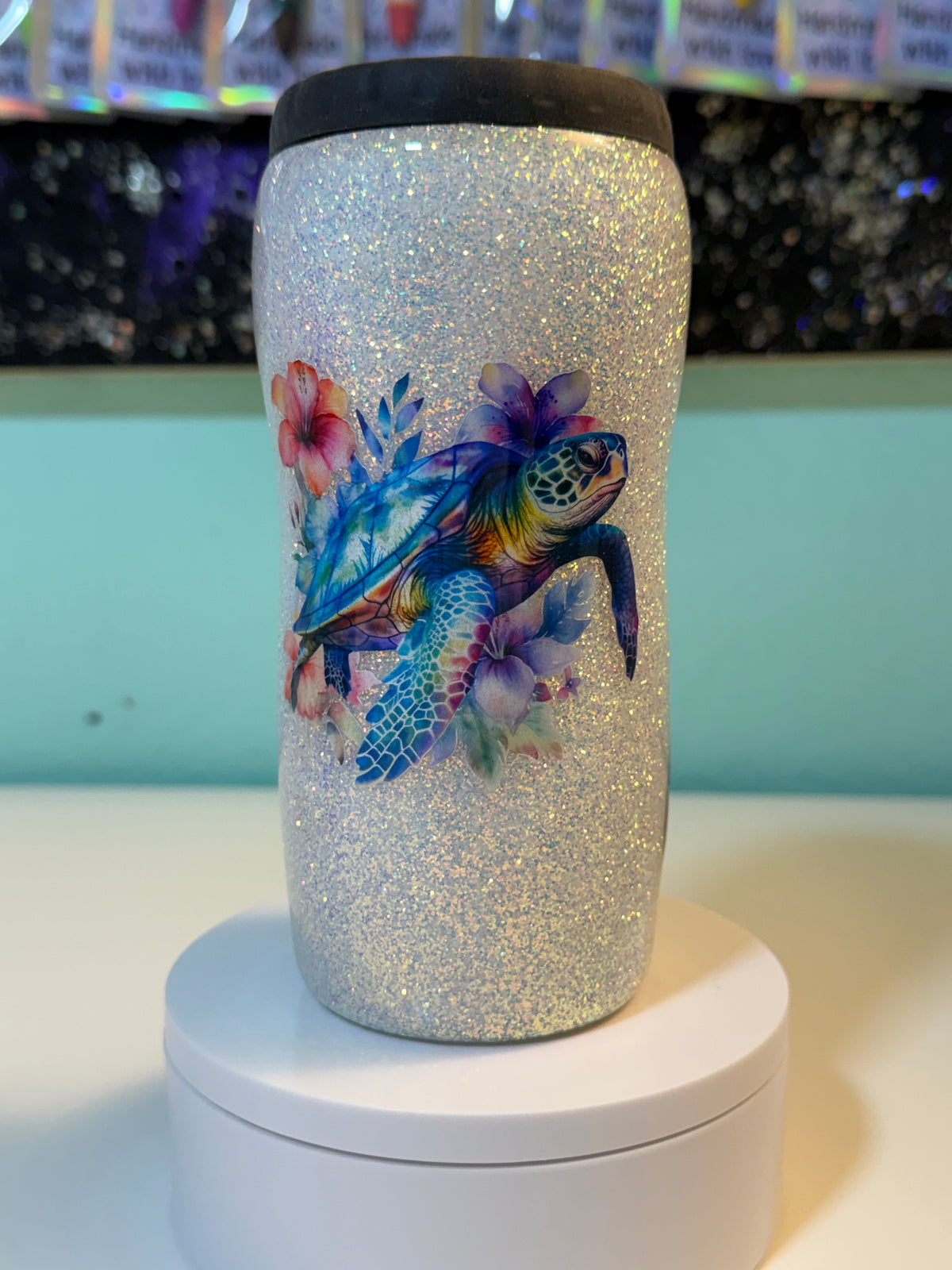 12oz Sea Turtle: Glitter & decals Epoxy Can Cooler