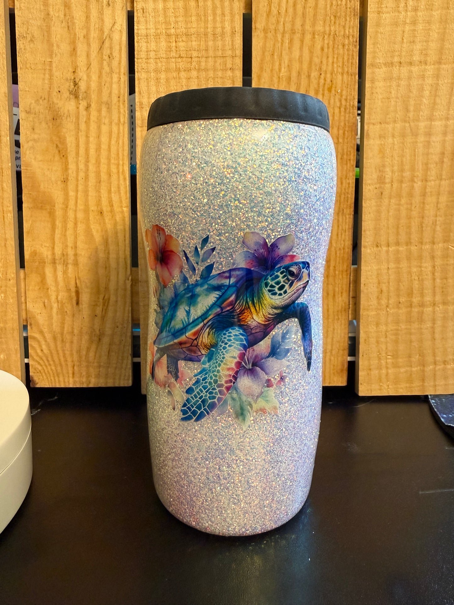 12oz Sea Turtle: Glitter & decals Epoxy Can Cooler