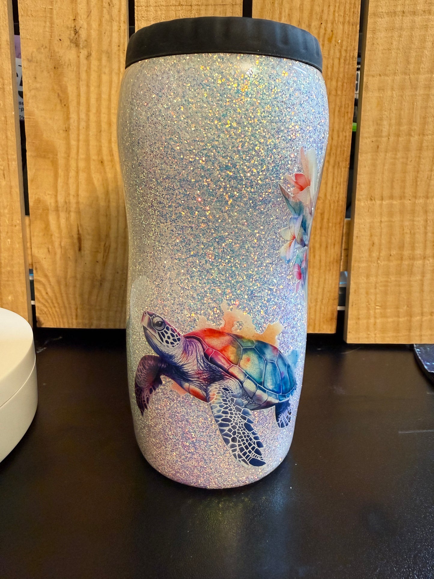 12oz Sea Turtle: Glitter & decals Epoxy Can Cooler