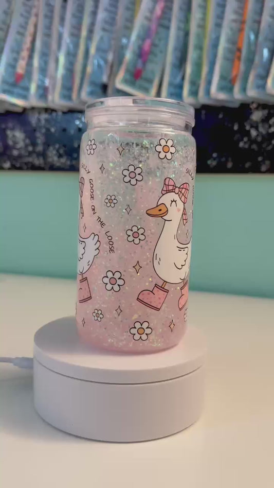 Silly Goose on the Loose | 16oz Snow Globe Tumbler | UV DTF | Acrylic Glitter Cup | Straw Included | Ready to Ship