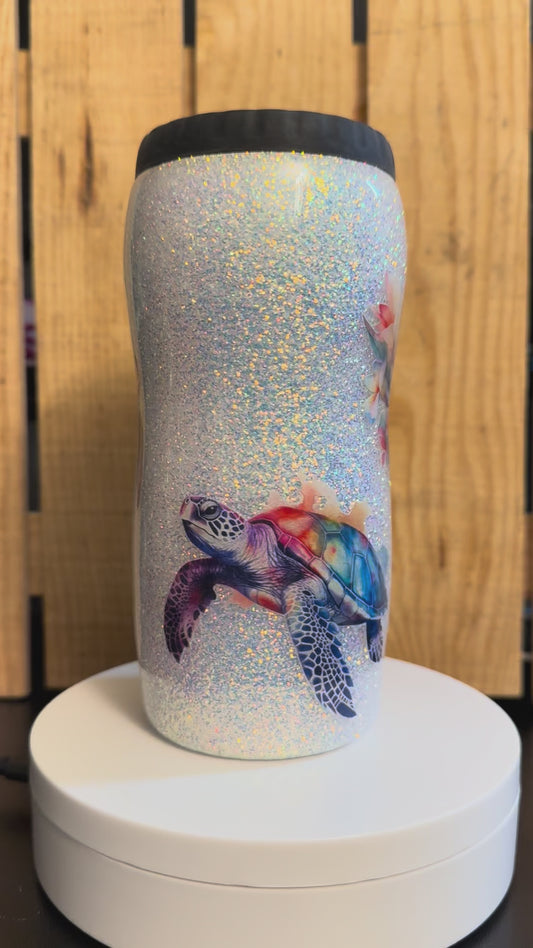 12oz Sea Turtle: Glitter & decals Epoxy Can Cooler